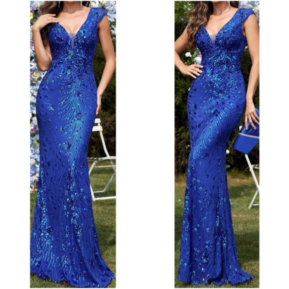 Plus V neck Sequin High Waisted Formal Black Tie Wedding Dress - Picture 13 of 13